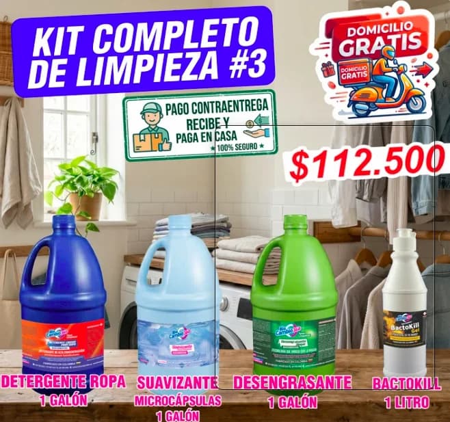 Kit Completo de Limpieza #3 (Detergente Galón + Suavizante Galón + Desengrasante Galón + Bactokill 1L) COMBO