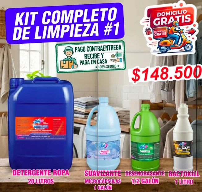 Kit Completo de Limpieza #1 (Detergente 20L + Suavizante Galón + Desengrasante 1/2 Galón + Bactokill 1L)